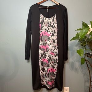 Black and Pink Graphic Midi Dress